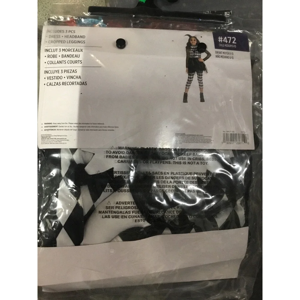 Amscan Punky Jester Costume Kids Medium 8-10 Black White New Harlequin Punk Set